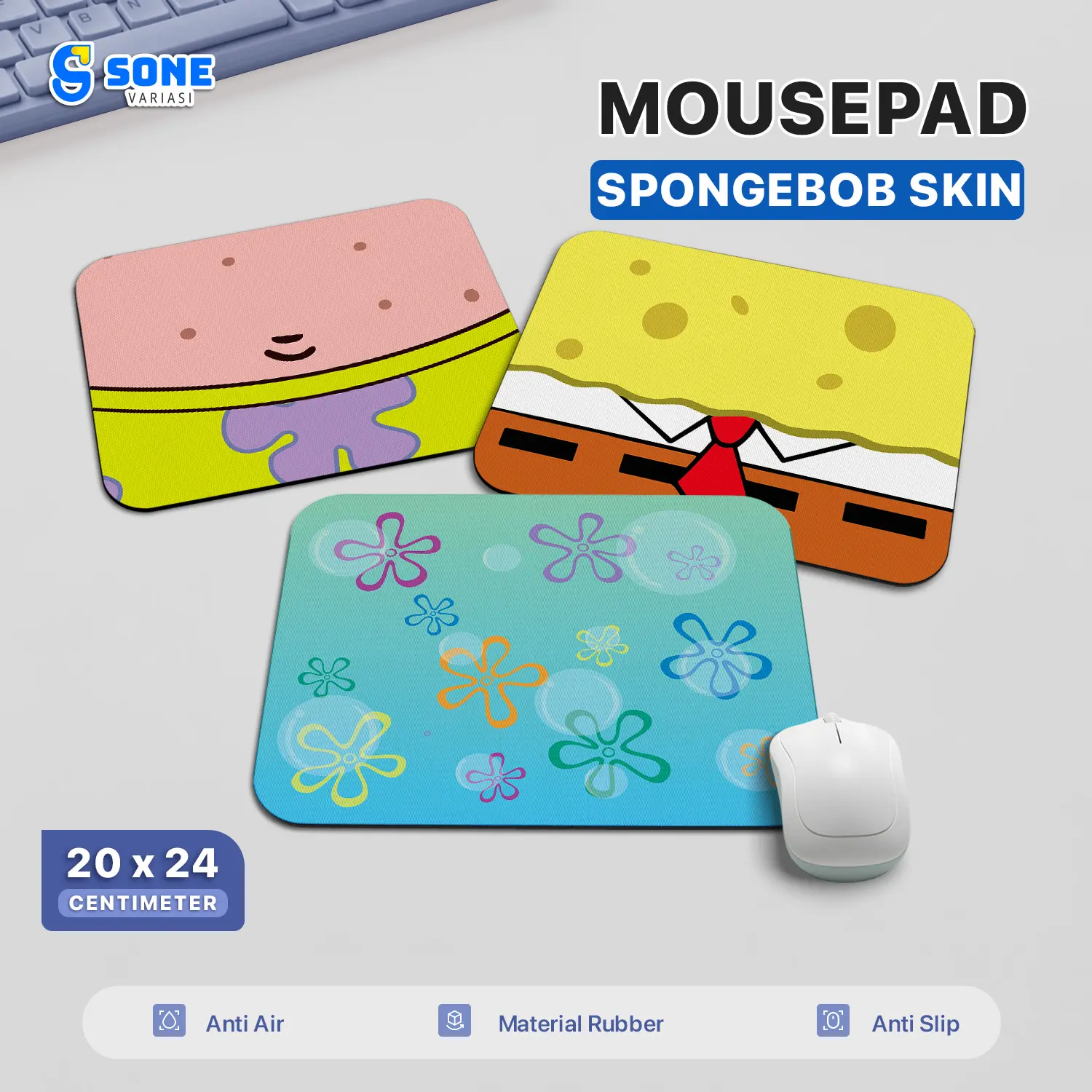 Mousepad Spongebob Skin 20x24 cm – Alas Mouse Karakter Lucu Gaming Laptop Komputer