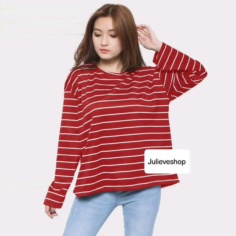 Kaos Manset Motif Salur Garis Berwarna Polos Lengan Panjang Wanita Abu Army 3