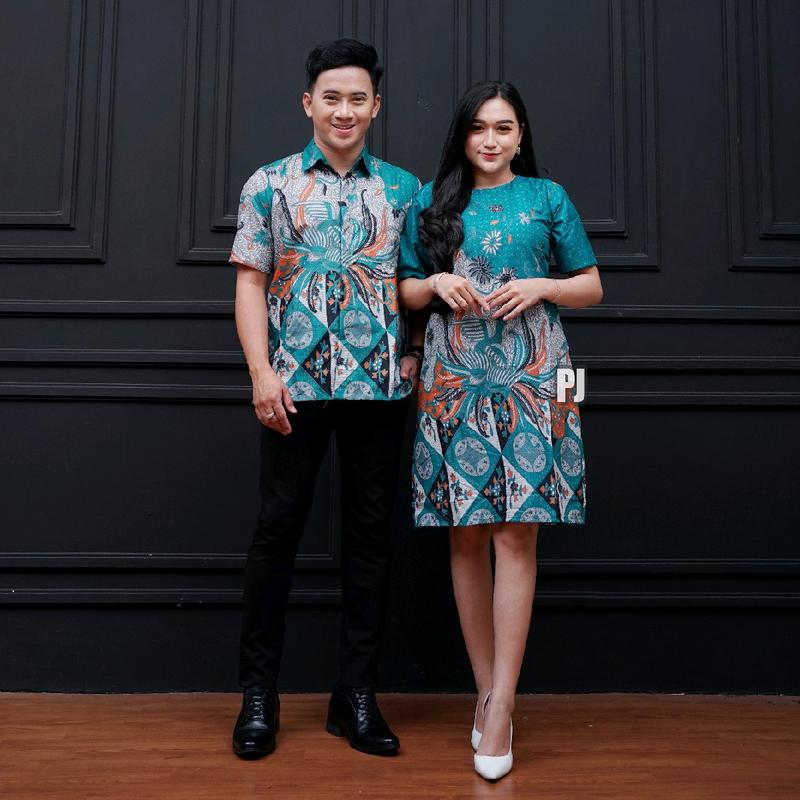 Baju Batik Couple Lengan Pendek Terbaru Motif Kopri Biru Pasangan Dewasa - Wanita Katun Dress Sarimbit 6