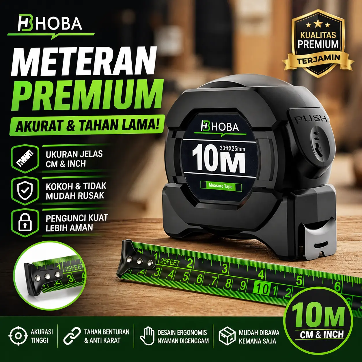 HOBA 2026 NEW 10M Meteran Pita Pengukur Hitam & Hijau Fluoresensi 2 Skala Inci & Meter Tahan Bantin Anti Karat untuk Pekerjaan Berat Logam