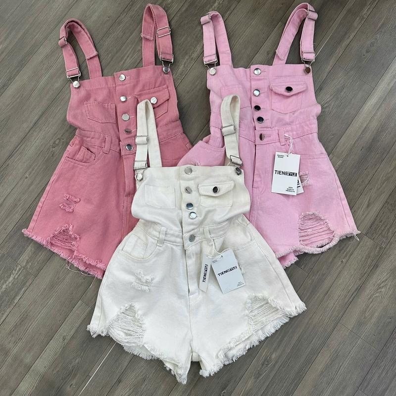 Yếm Jean Nữ Short Rách Đùi Một Nắp Túi Hai Dây Lai Tua Chất Jean Cotton Dày Dặn Không Co Giãn Pants Có Bigsize S-5XL Màu Trắng Đen Hồng Đỏ Xanh