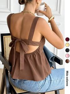 Top halter para mujer con escote cuadrado y volantes, sin mangas y cintura fruncida, camisa casual de verano, ropa cómoda y elegante para mujer