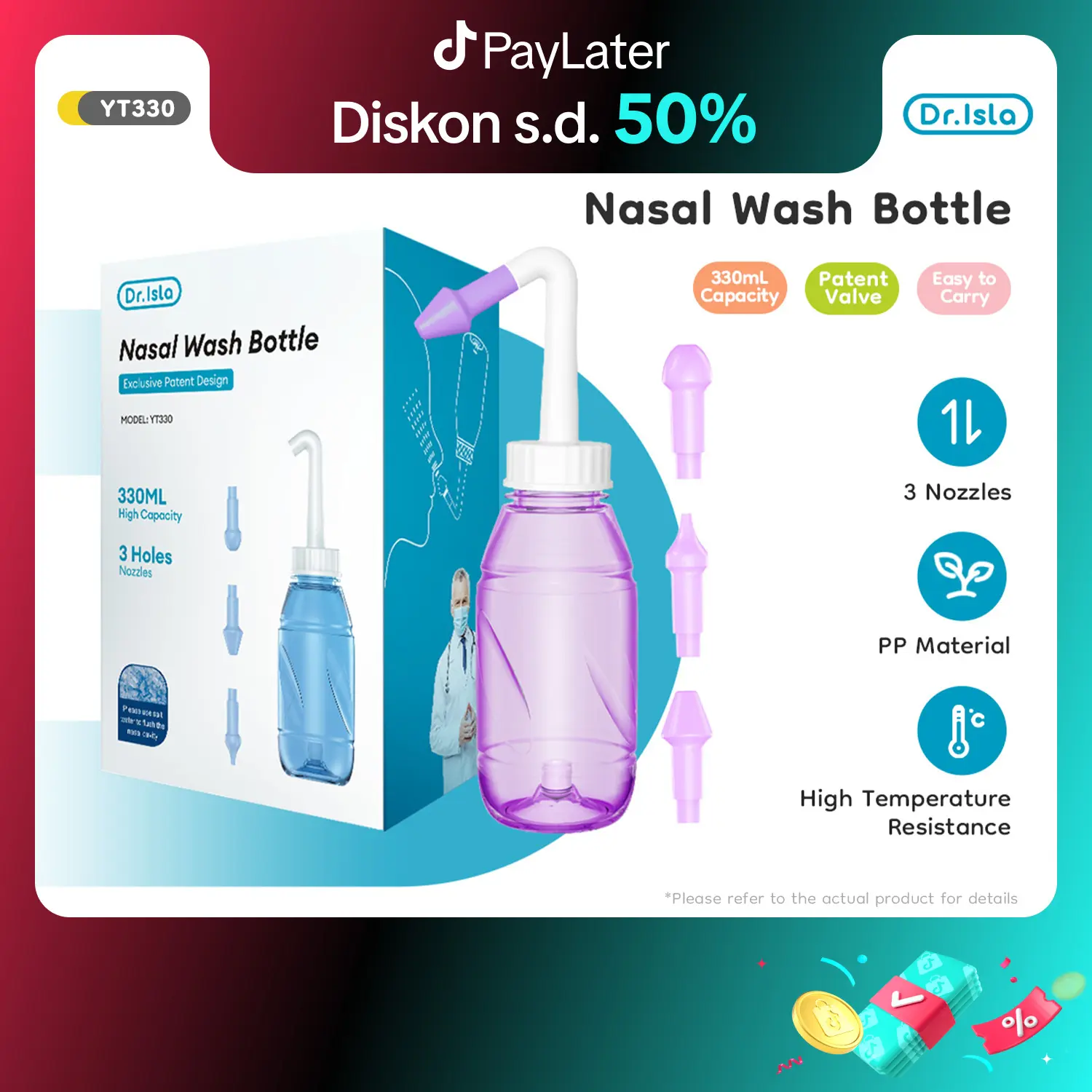 Dr.isla YT330 Pembersih Pot Neti Pencuci Hidung Botol Cuci Hidung Waterpulse 330ML Pembersih Hidung Pembersih Pot Neti Pencuci Hidung Irigasi untuk Rinitis Alergi Sinus Pembilasan Hidung Harian untuk Bayi Dewasa Alat Perawatan Hidung neti pot