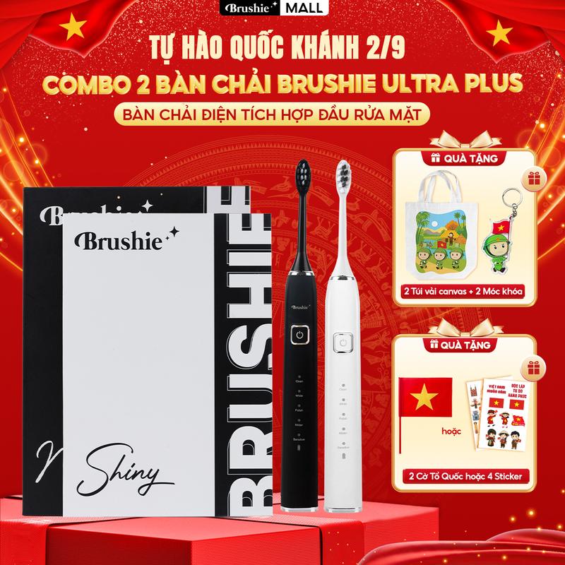 [SIÊU SALE] Combo 2 bàn chải điện Brushie Ultra Plus chính hãng tích hợp đầu rửa mặt hỗ trợ làm sạch hiệu quả và tiết kiệm chi phí  [ Bảo hành 1000 NGÀY ] - TẶNG 2 TÚI CANVAS + 2 MÓC KHÓA + 4 STICKER + STICKER/CỜ TỔ QUỐC