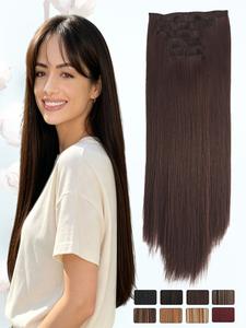 Extensiones de cabello rectas de 24 pulgadas con clip, Cabellos sintéticos naturales y suaves para mujeres, Extensiones sintéticas para uso diario