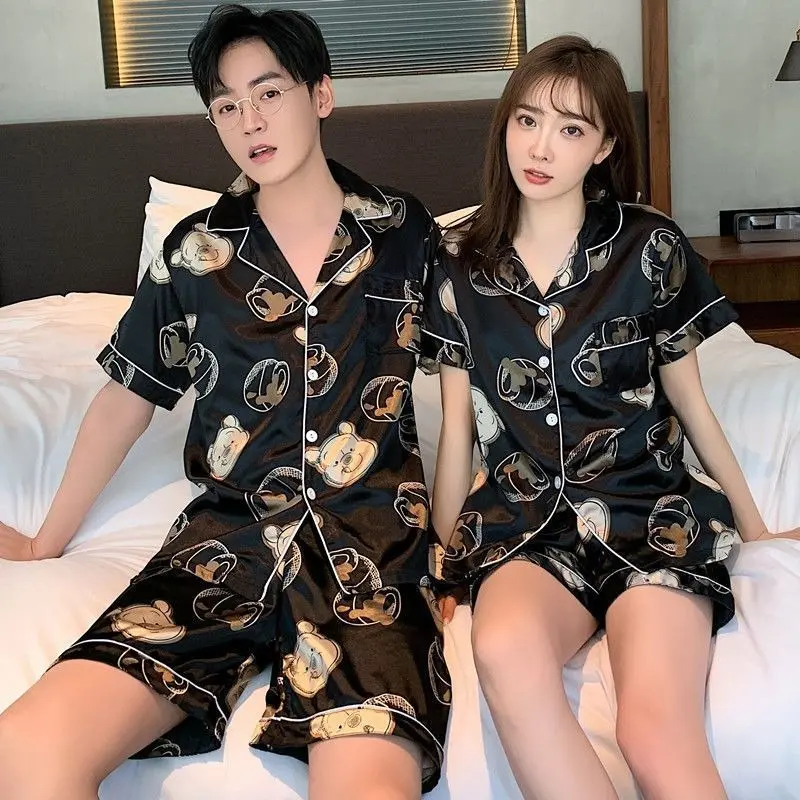 Couples pajamas short sleeve thin ice silk large size men's spring and summer homestays summer women's cartoon set