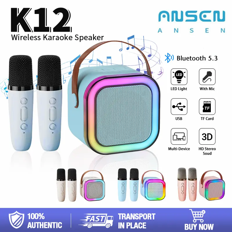 ANSEN【Rendah 2025】K12 Speaker Bluetooth 2Mic 1 Set karaoke Speaker KTV Cute Wireless Lucu Portabel Luar Ruangan Bass 0