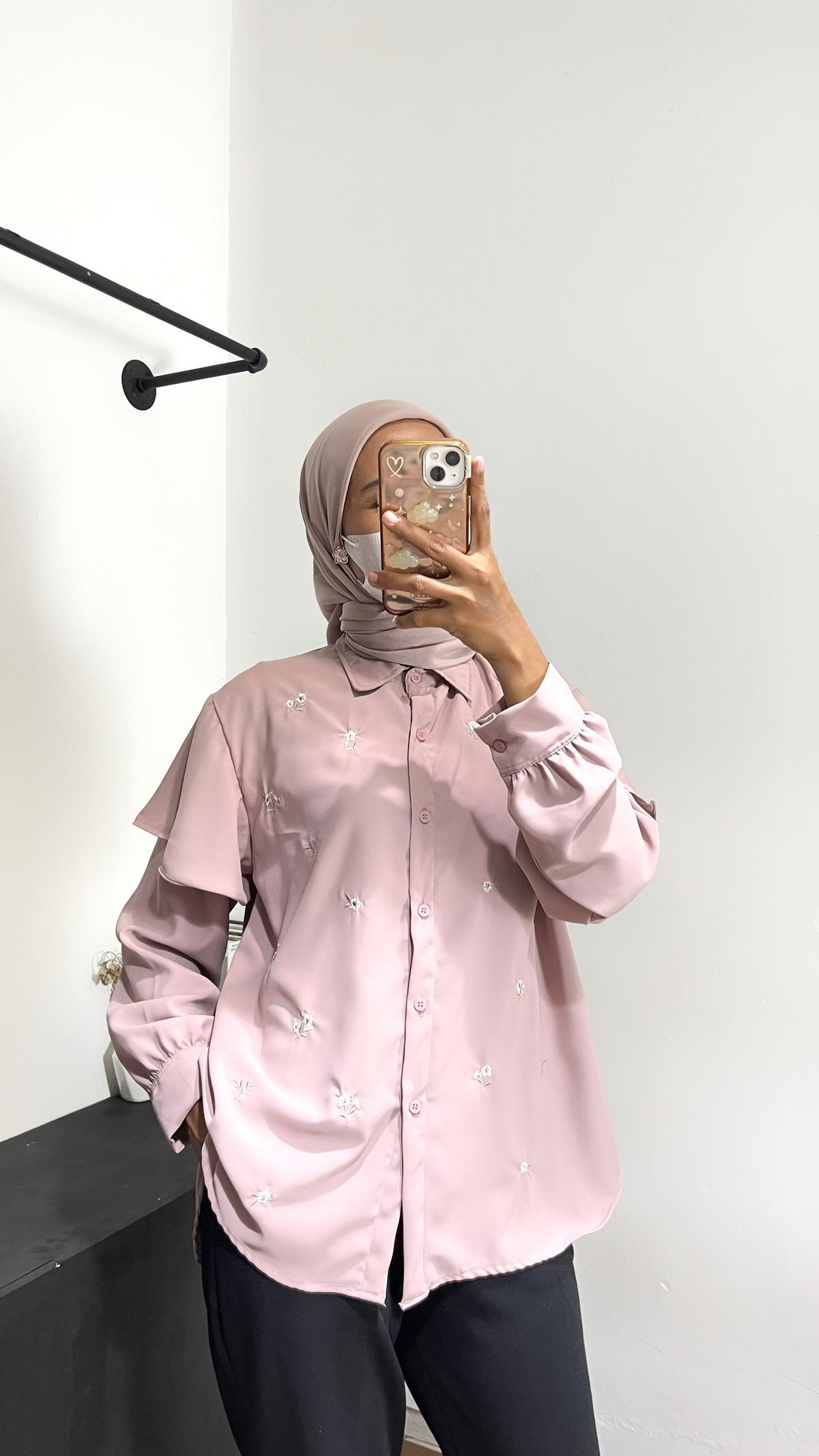 Weargalu - Zahra Top atasan kemeja wanita lengan Panjang bordir korean style Baju Blouse bordir motif Bunga Dewasa Remaja Muslim Basic Oversize Panjang Remaja Casual Bahan Marbella Twill