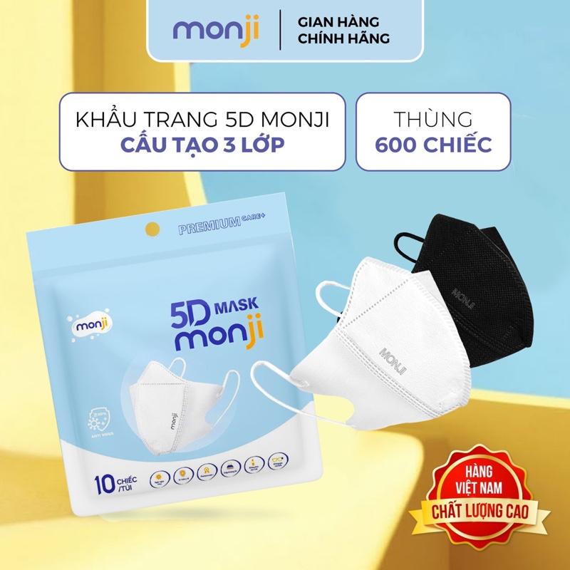 Monji Khẩu Trang 5D Cao Cấp 600 Chiếc Thùng 3 Lớp Lọc Khẩn Chống Bụi Phấn Hoa Thiết Kế Ôm Sát Mặt Việt Nam