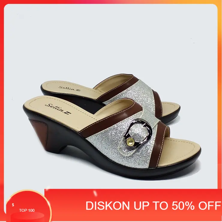 RAMADHAN SALE/SANDAL WANITA/ Sandal Clog Wanita Wedges Silver Modis Hak 7cm ibu ibu kondangan pernikahan cantik elegan from sellin.z