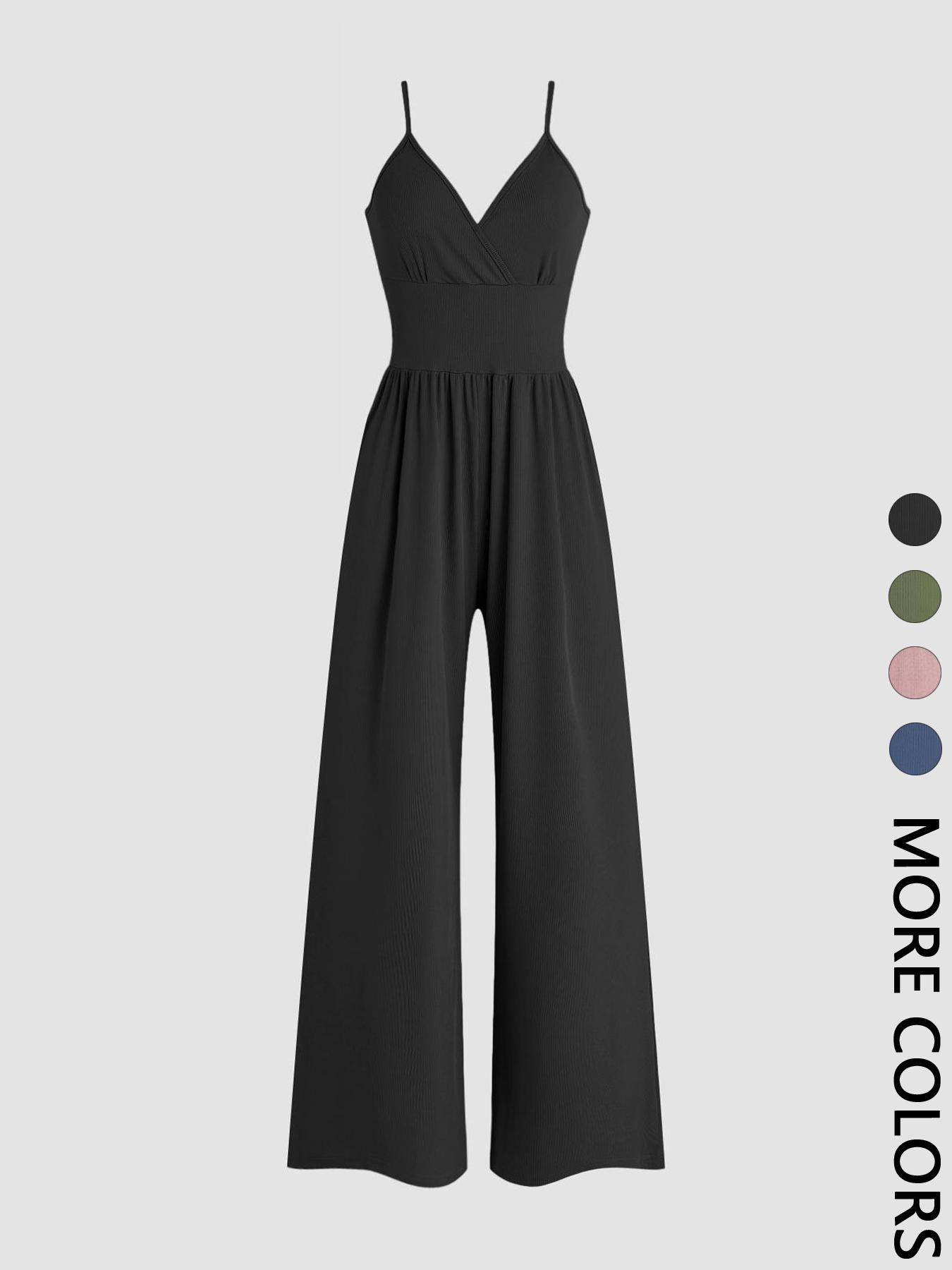 Women's Solid Plicated Ribbed Wide Leg Cami Jumpsuit, Summer Outfits 2024, Casual Sleeveless Spaghetti Strap High Waist Jumpsuit for Daily Wear