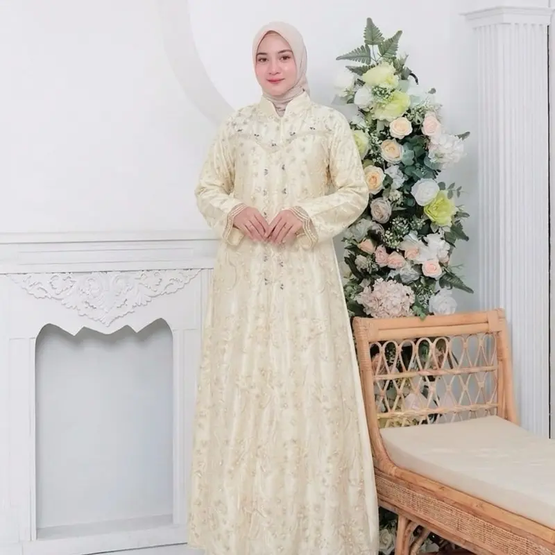 Gamis Pesta Kondangan Terbaru 2026 Salena Dress Gamis Brokat 2026 Warna Batter Yellow Bahan Satin Velvet Premium Brukat Akar Mewah Motif Payet Toyobo