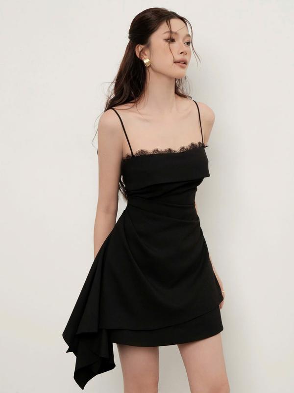  Đầm 2 dây ren ngực dáng ngắn lệch tà - ren mi 