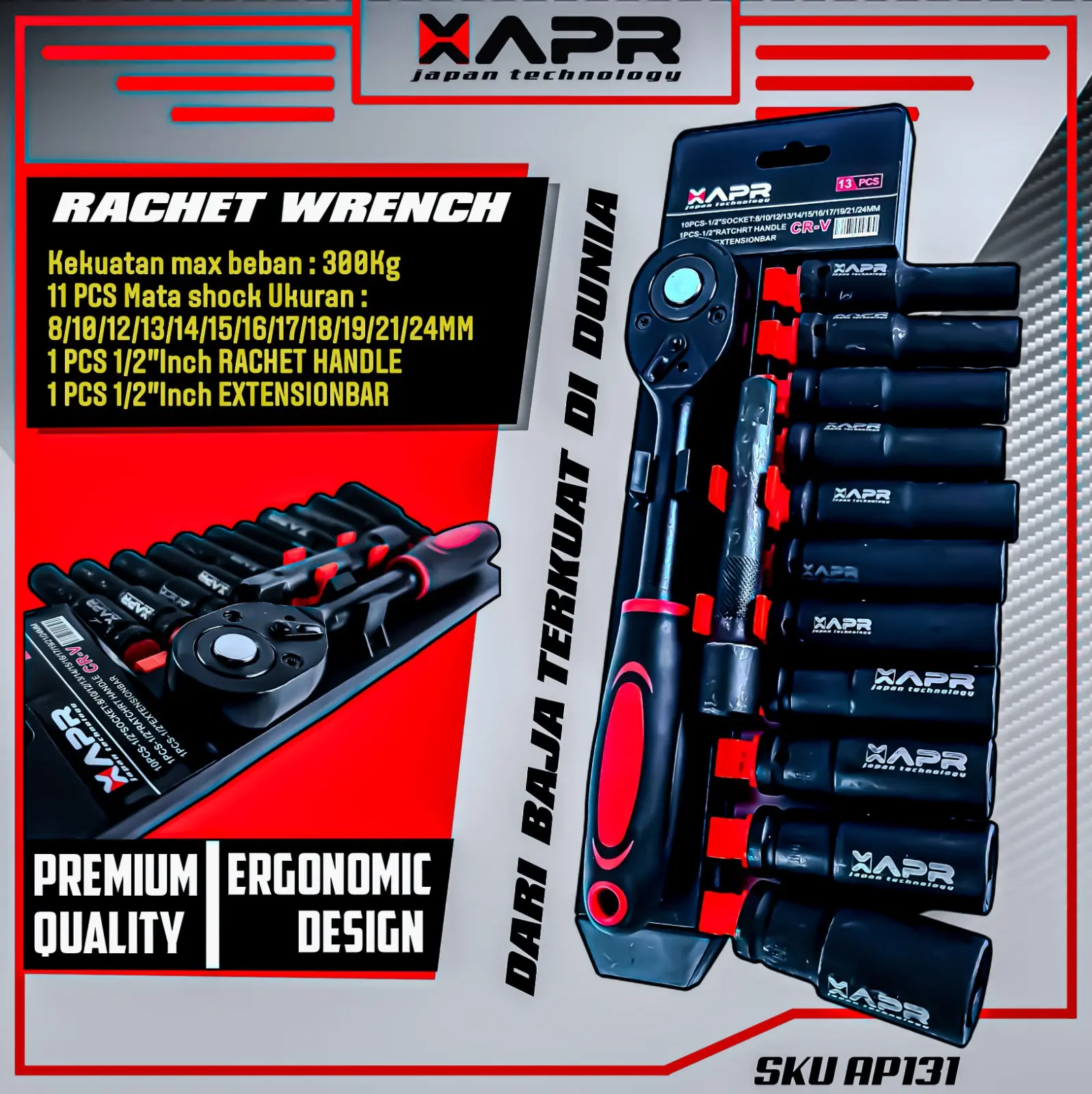 APR Rachet sock 1/2inch deep impact 8mm-24mm panjang doff titanium sok set