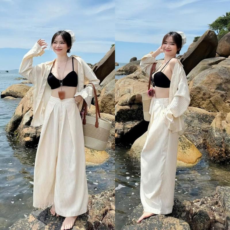 Set đồ nữ đi biển 3 món áo bara 2 dây kèm khoác form rộng tay dài mix quần dài ống rộng xinh xắn dành cho các nàng diện đi chơi.