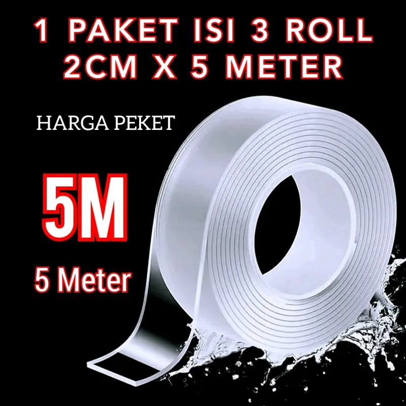 PAKET ISI 3PCS Selotip Bening Dua Sisi Double Tape Nano Serbaguna Ukuran 2CMx3,Meter 5,Meter Dapat 3 Roll sola tip 2