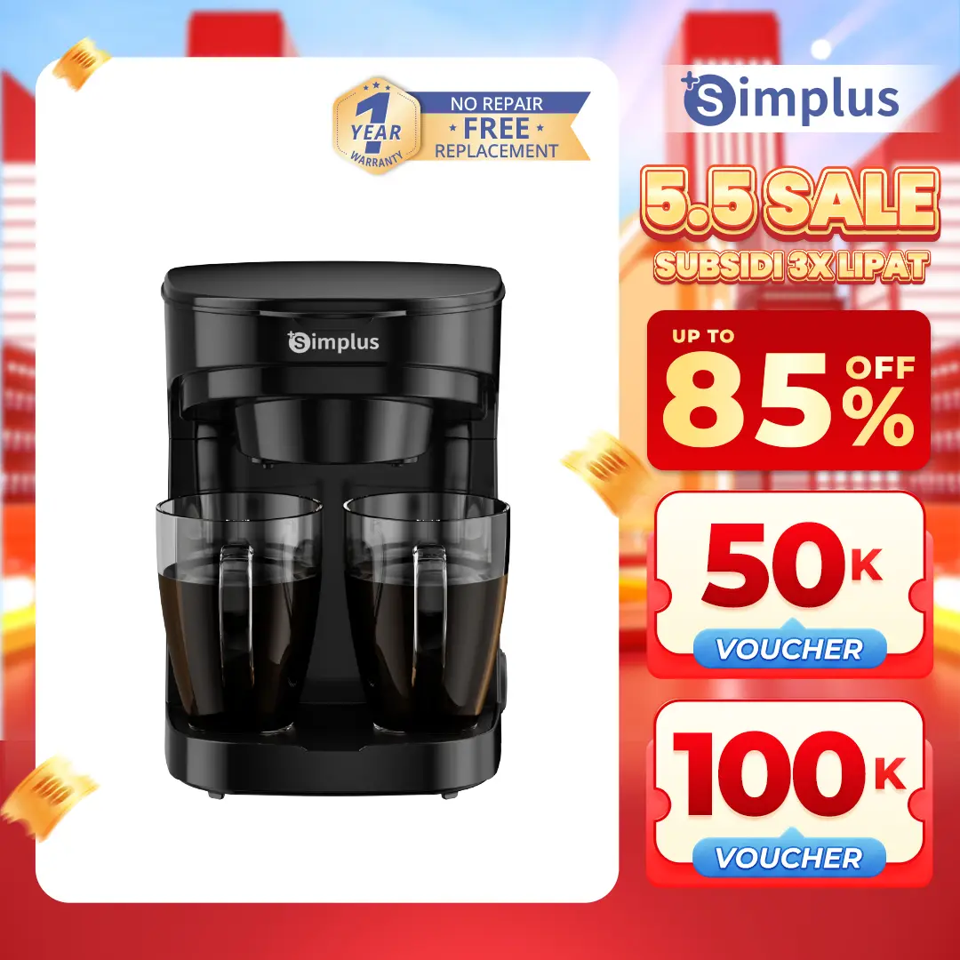 【SUPER PROMO DOUBLE SUBSIDI】SIMPLUS Mesin Kopi Rumahan Mesin Kopi Filter Satu Tombol Dual Cups Bahan Kokoh Multifungsi untuk Seduh Kopi dan Teh