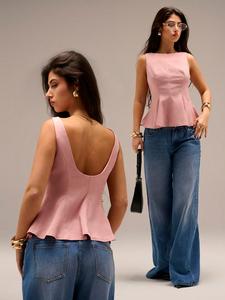 Chaleco de mujer estilo francés con espalda descubierta y ajuste en la cintura, diseño fruncido dulce que estiliza, perfecto para uso casual, elegante y cómodo