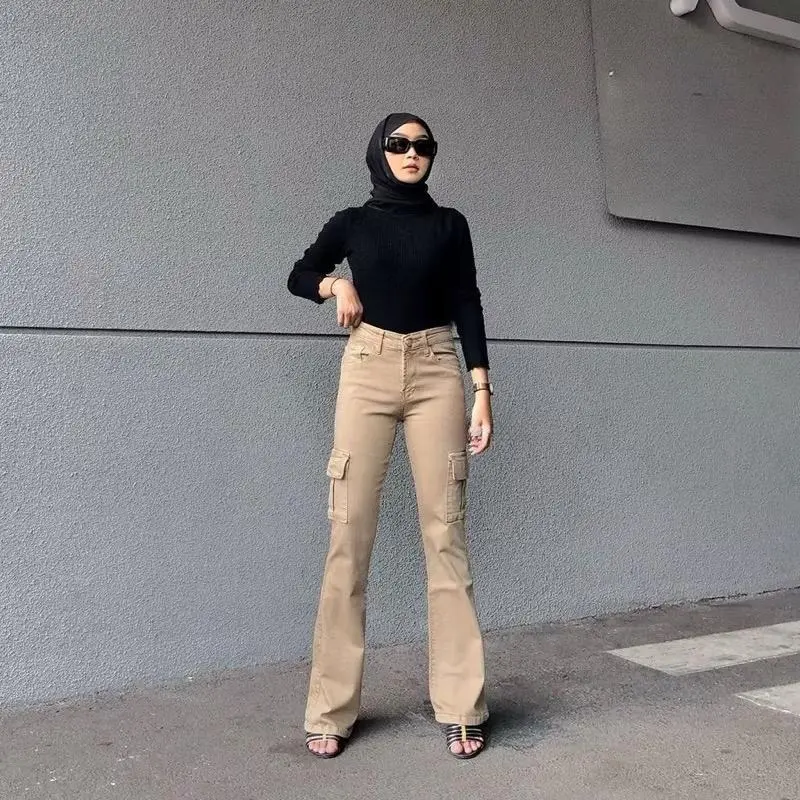 Celana HighWaist Cutbray Cargo Jeans Wanita Celana Panjang Jeans Wanita Kargo Cutbray Jeans Wanita HighWaist Strect Denim Kekinian Nyaman Stretch