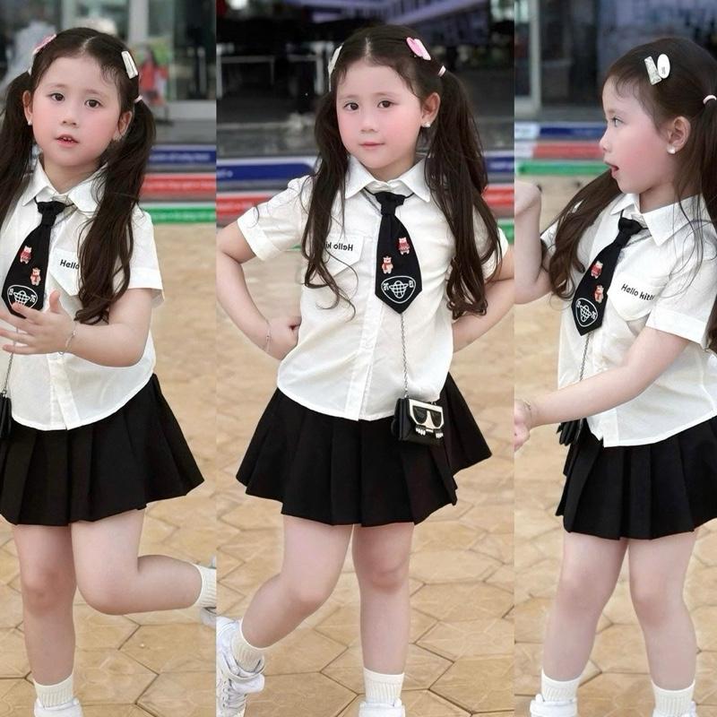 Set áo sơ mi trắng TẶNG kèm cà vạt hellokitty, kèm chân váy xoè xếp ly đen có lót quần dành cho bé gái (8-31kg)