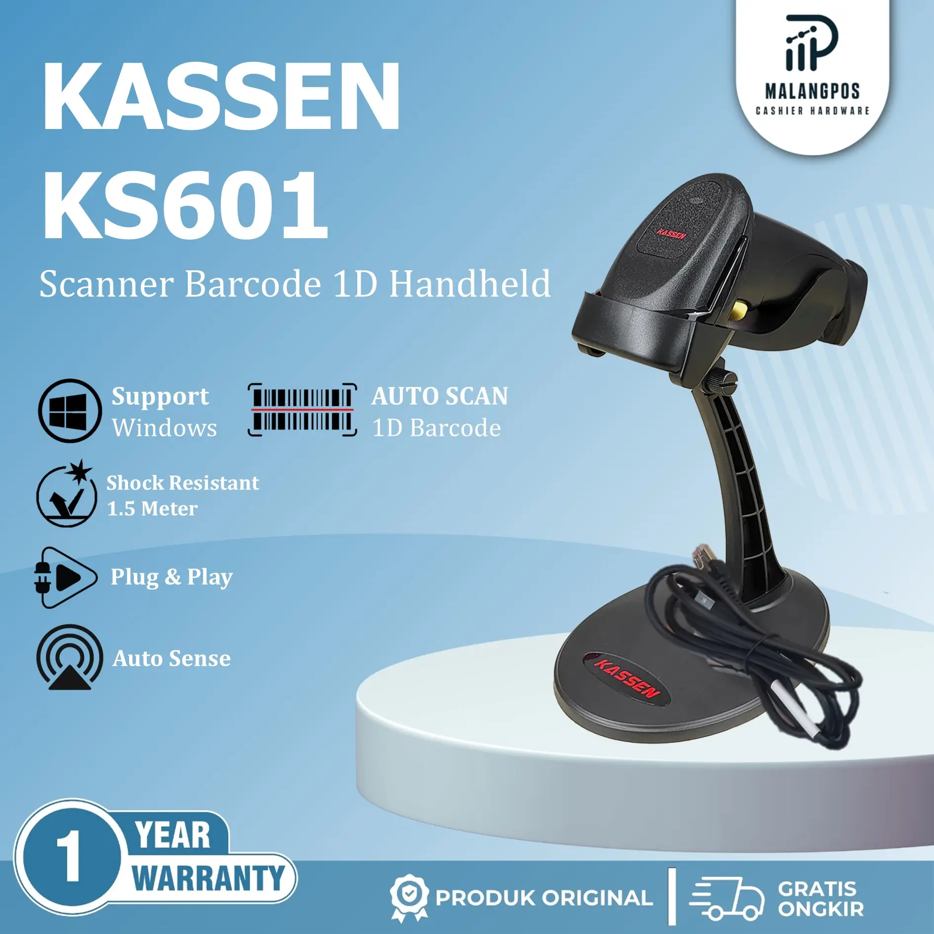 Kassen KS601 Scanner Barcode 1D USB Wired Laser Autoscan Plus Stand dengan Garansi 2 Tahun