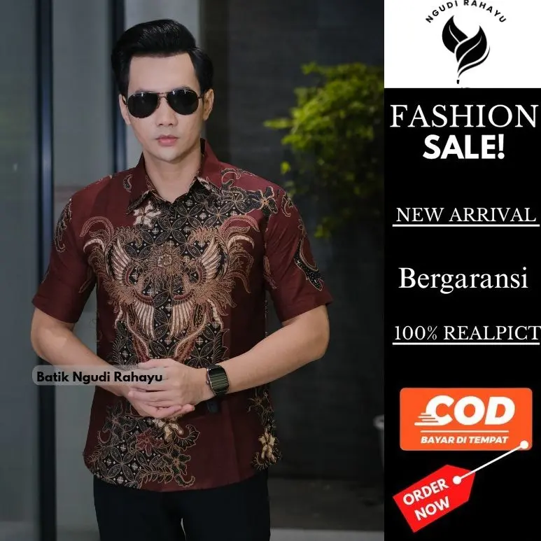Ngudi Rahayu Kemeja Baju Batik Pria Lengan Pendek Slim Slimfit casual Warna Burgundy Hem Formal Kerja Kantor Kain Katun Nyaman Motif