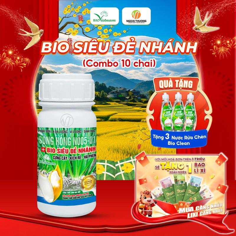 Combo 10 chai Tặng 3 Chai Nước rửa chén Bio Clean Phân bón lá hữu cơ BIO SIÊU ĐẺ NHÁNH Dạng Nước giúp cây lúa siêu đẻ nhánh nở bụi to cứng cây kích rễ phát triển hòa tan 100% trong nước hạn chế tắc vòi phun - Chai 250ml