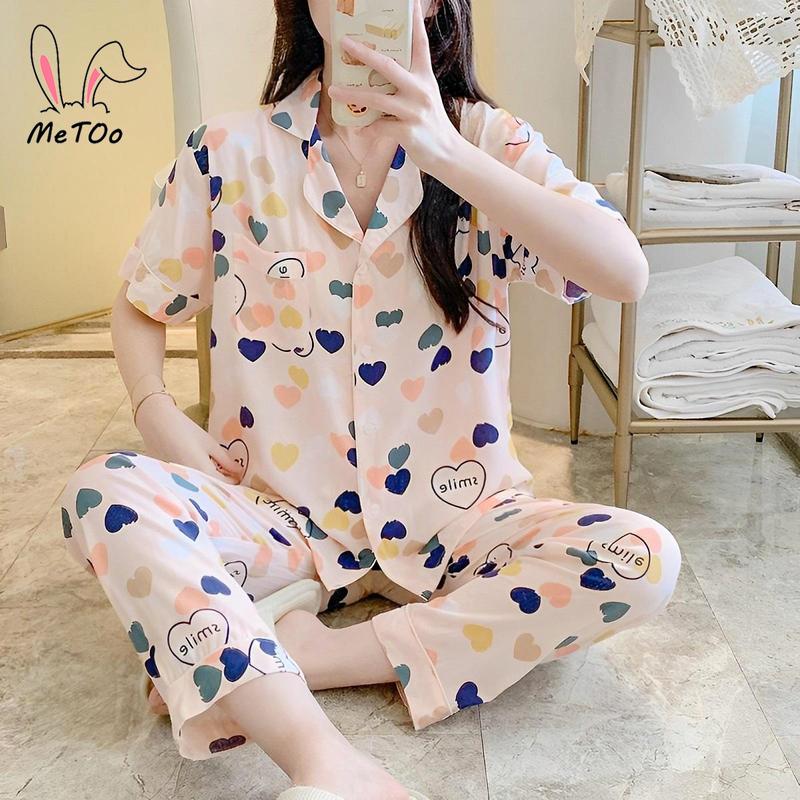 Bộ Đồ Ngủ Pijama Cotton, MeToo, Thiết Kế Thời Trang Mới, Quần Áo Đồ Ngủ Cho Nữ, Quần Áo Đồ Mặc Ở Nhà, Vải, Cổ Áo Có Cúc, Thêu, Phong Cách Quần Và Áo Sơ Mi Hàn Quốc, Đồ Lót, Đồ Mặc Nhà Cho Nữ, Quần Dài, Bộ Đồ Ngủ, Pjs 6