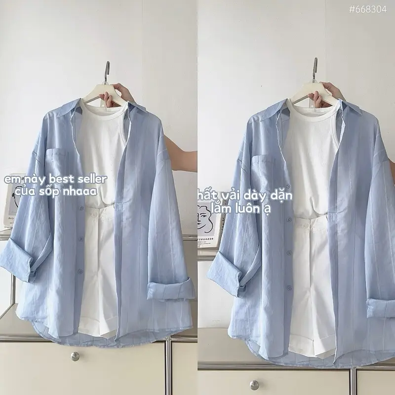 Set ba món áo sơmi sọc và ba lỗ kết hợp với quần short kaki trắng dễ thương