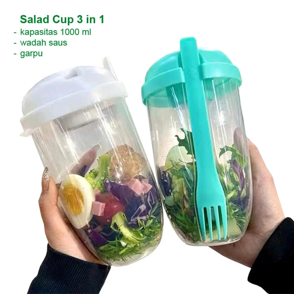 Cup Salad Sayur Portable Botol Salad Buah 1000 ml Shaker 3 in 1 Dengan Garpu Dan Wadah Saus Bottles Kitchenware