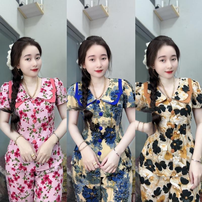 [ QUẦN DÀI ]  Đồ bộ CỔ BƯỚM lụa Mango tay ngắn viền quần - nhấn ben áo xinh mềm mát Tay Loe Top Ống Loe Dress