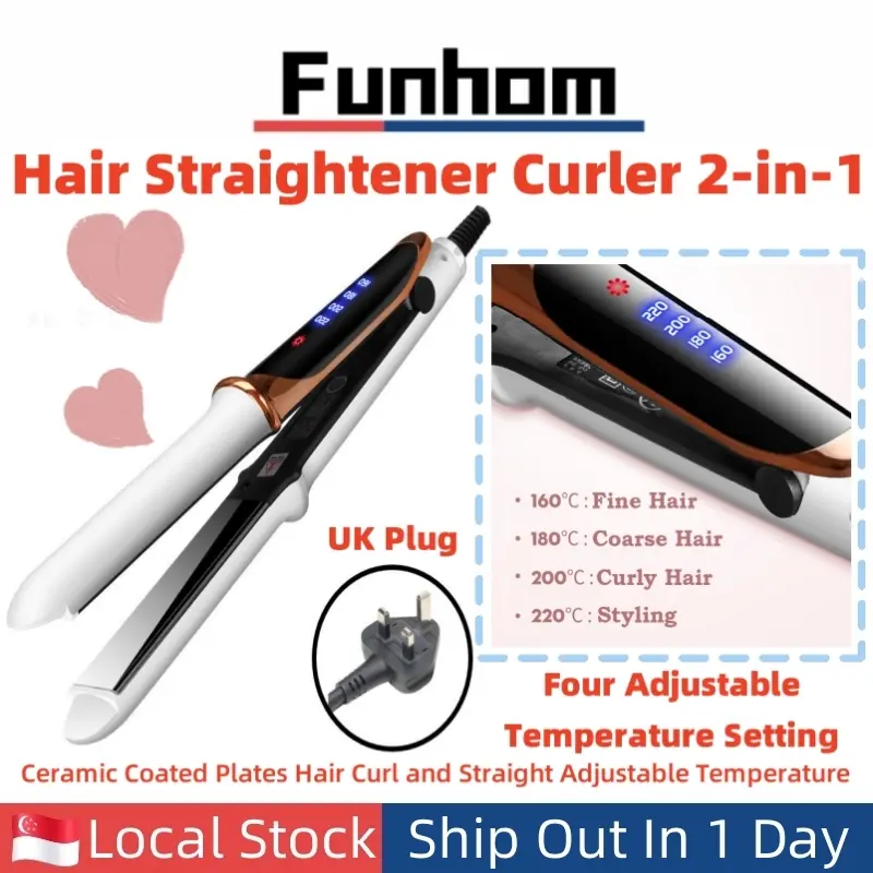 [SG Stocks] Hair Straightener Curler 2-in-1 Ceramic Coated Plates Hair Curl and Straight 4 Level Adjustable Temperature Setting (UK 3-Pin Plug)