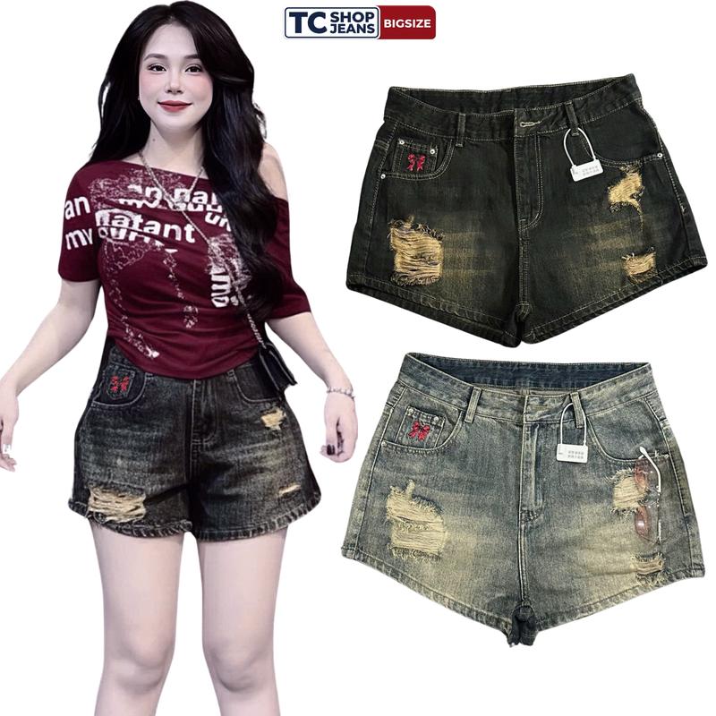 Quần short jean nữ thêu nơ đỏ phối rách nhẹ TC SHOP JEANS bigsize 55-90kg chất jean mềm không giãn MS 10032 - Pants