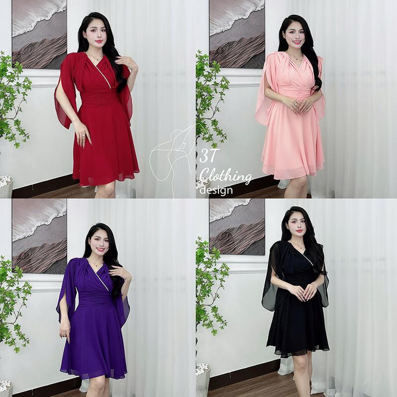 Set đầm váy nữ kèm quần bảo hộ cách điệu nữ tính cổ đính đá sang trọng phối eo chun co giãn vải voan tơ 2 lớp bigsize 40 - 80kg mã B48