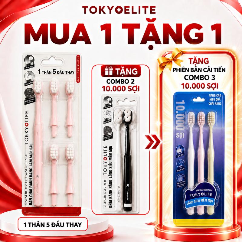 Set 3 Bàn Chải Đánh Răng Siêu Mềm TokyoElite 10.000 Sợi Lông Cải Tiến, Sạch Sâu
