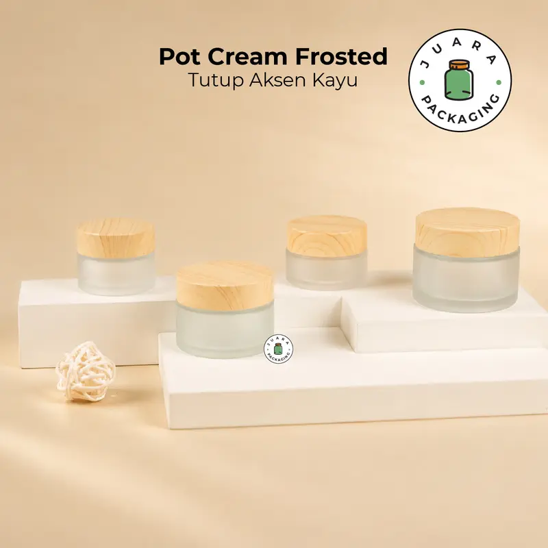 Pot Cream Kaca Buram 5gr 10gr 15gr 30gr 50gr 100gr Tutup PVC Aksen Kayu 5ml 10ml 15ml 30ml 50ml 100ml – Jar Kosmetik untuk Cream, Skincare, Moisturizer, Masker Wajah, Balm, Body Butter dan Produk Refill