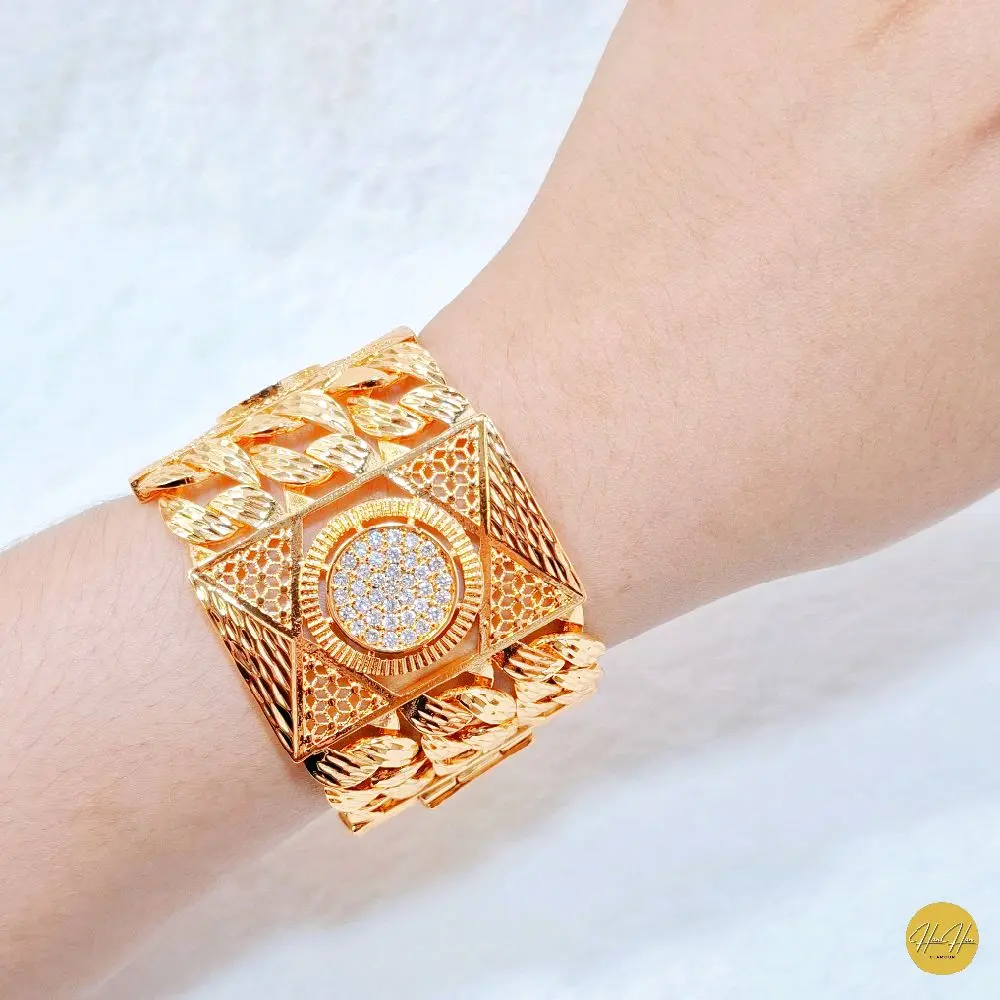 (Beli 2 Bonus 1 Random)Gelang Rantai Lebar Plat Ukir Bulat Sultan Warna Gold 22k Kualitas Premium|Aksesoris Wanita-Anti Karat