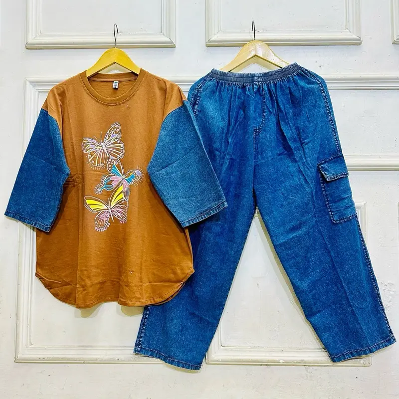Baju Setelan Jeans Wanita Jumbo LD 120 Dewasa Atasan Kaos Combed 24s, Bawahan Celana Jeans Kulot Cargo Panjang Motif Sablon Adem dan Nyaman 5