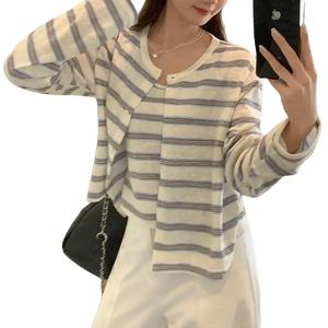 Áo Cardigan Dệt Kim Sọc Xanh, Dành Cho Nữ, Áo Dài Tay, Dáng Rộng Vừa Vặn, Áo Thường Ngày Phù Hợp Với Đầu Mùa Thu, Quần Áo Nữ Thời Trang Mới, 3583