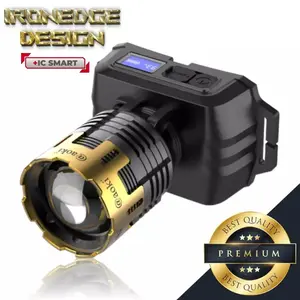 AOKI Lampu Kepala LED IRONEDGE DESIGN, Cahaya Kuat Jarak Jauh, Zoom Fokus & Sinar Luas, Headlamp USB 2000 Lumen 3655 -ZS