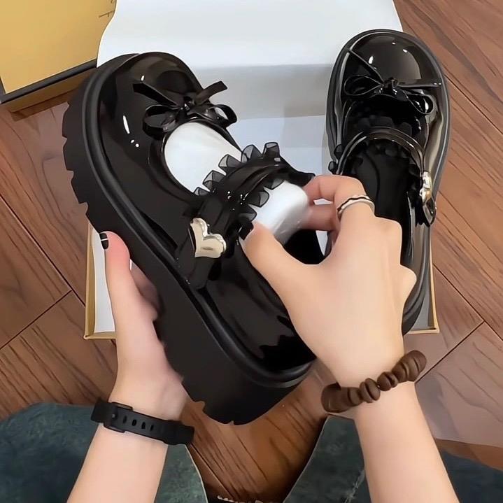  Giày búp bê lolita nữ độn đế 4-5cm quai dán TIM phối Ren  FORM TO CHÂN GẦY MỎNG ĐẶT LÙI 1 SZ  