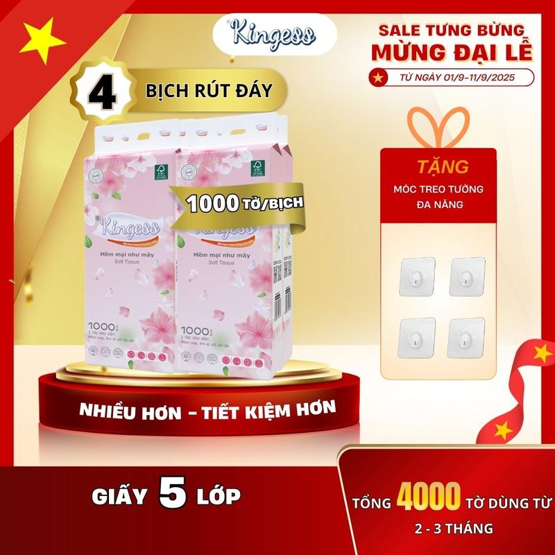 4 BỊCH Khăn Túi giấy Rút Cao Cấp KINGESS Phiên Bản Hồng 1000 Tờ/ túi 5 lớp mềm mịn không huỳnh quang, không chất tẩy trắng, không hương liệu không ô nhiễm môi trường + 2 Móc treo tường