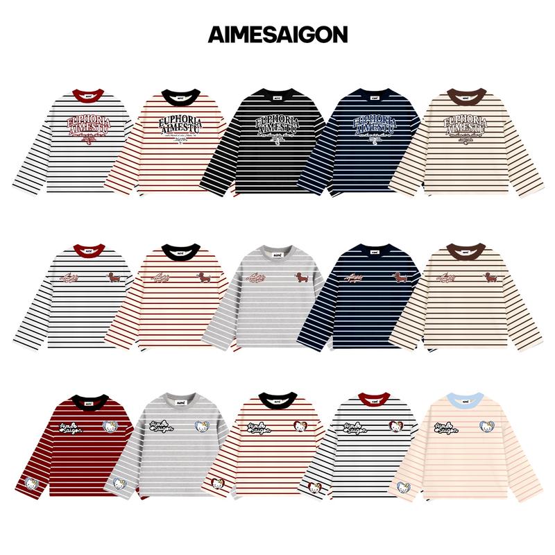 Aimesaigon Áo Thun Tay Dài Sọc Ngang Thun Borip QC Long Sleeve Boxy AIMÉ Form Rộng Cổ Tròn "DOG - EUPHORIA - KITTY" Unisex Nam Nữ Basic Dễ Phối Đồ Casual