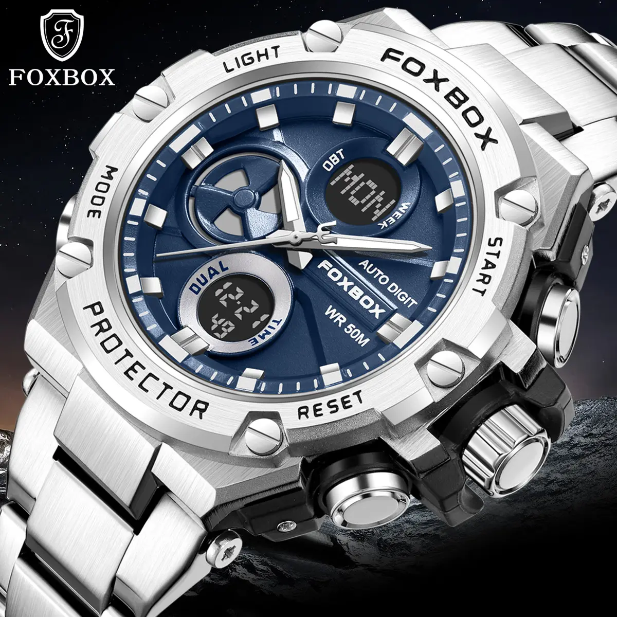Foxbox fashionable and multifunctional men's watch with deep waterproof alloy case, stainless steel strap, electronic quartz sports men's watch