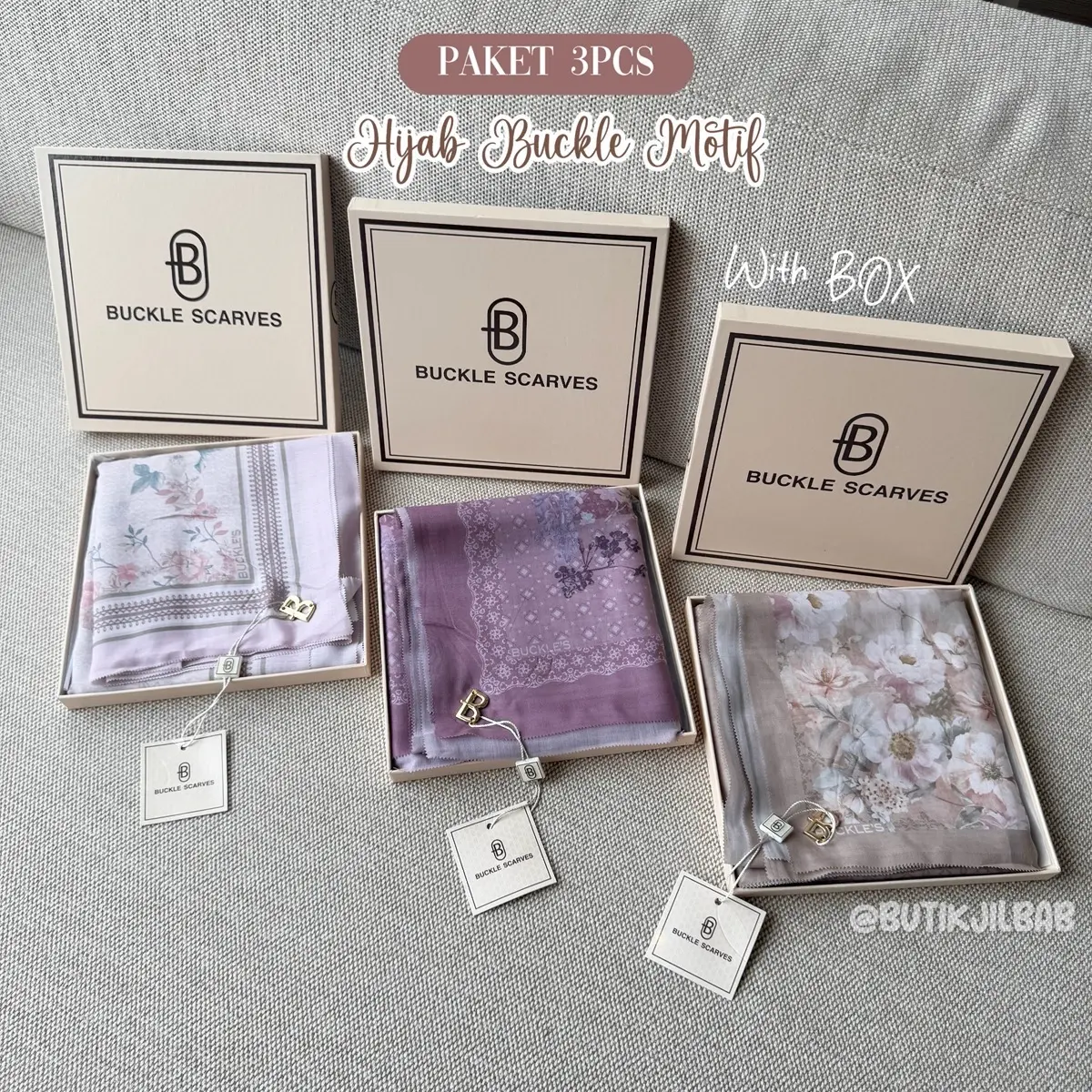 PAKET HIJAB Isi (3+1pcs) BOX BUCKLE SCARVES | PACKAGING BOX MEWAH oVal Muslim Square | FREE GOODIEBAG