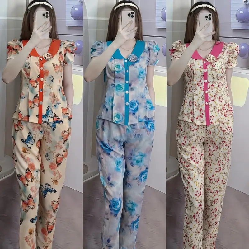 [Mẫu mới- Quần dài] Set đồ mango cổ sen mặt trăng phối hoa phom 6 ben hoạ tiết xinh mềm mát