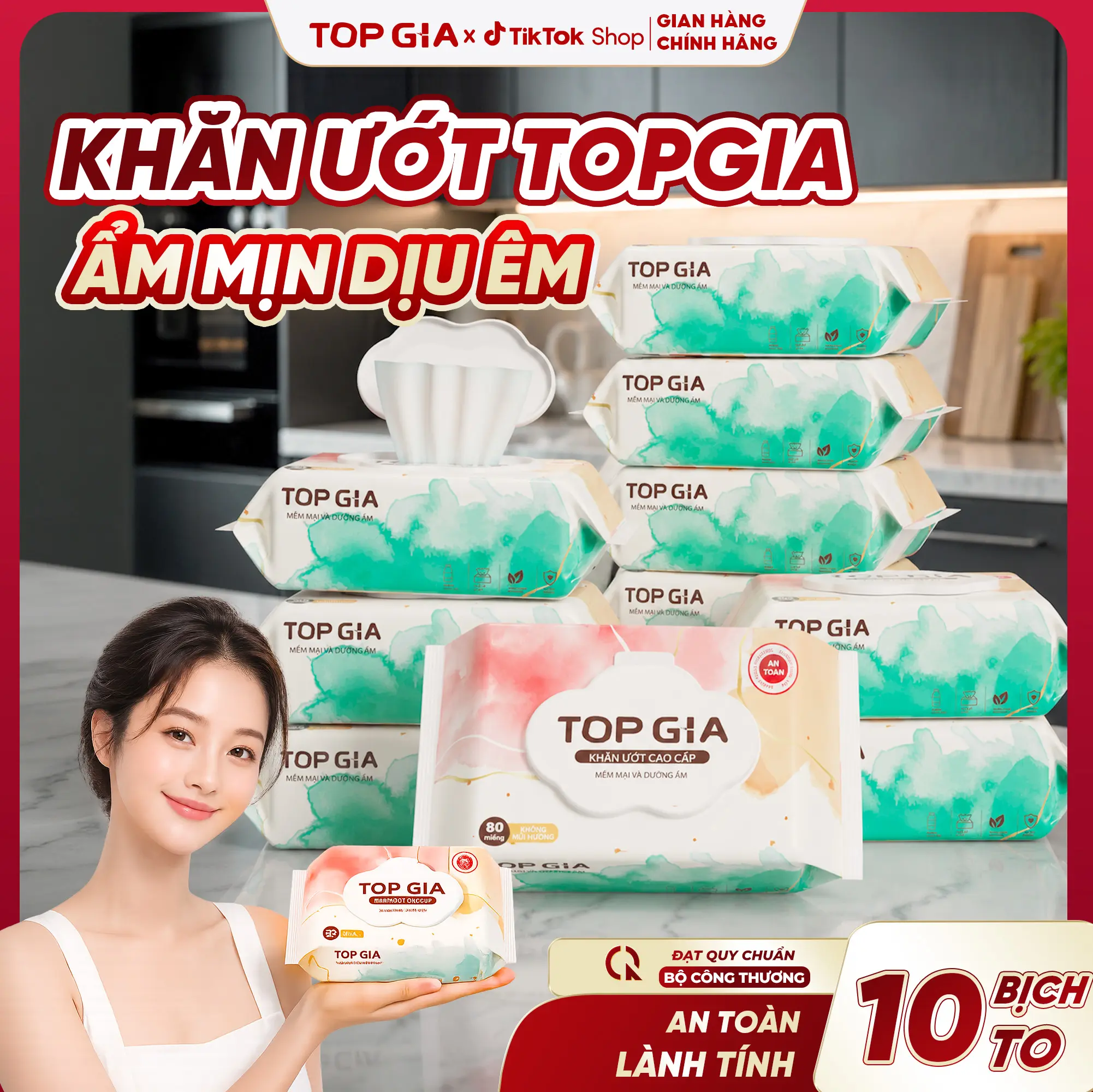 [ DEAL XẢ KHO - GIÁ SIÊU RẺ ] Thùng 10 bịch khăn giấy ướt TOPGIA 80 tờ, đa năng không cồn không mùi để bàn, khăn ướt Ban Mai mềm mại rút an toàn lành tính ĐẠT QUY CHUẨN CỦA BỘ CÔNG THƯƠNG (KU) #khanuot #topgia #giayuot