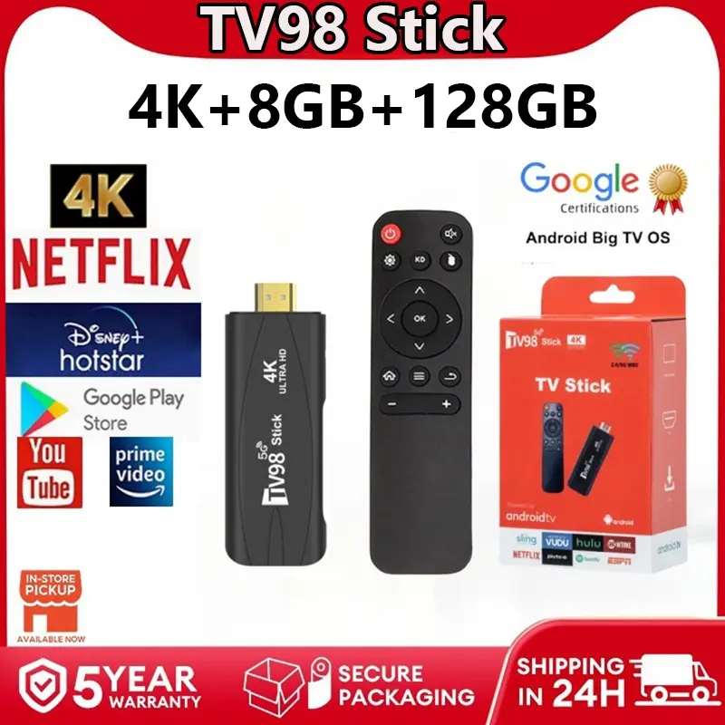 Android สมาร์ททีวีสติ๊ก, TV98 Rockchip 3228A, Android9, 2.4G / 5GWIFI, 8GB + 128GB, รองรับ Netflix / YouTube, มินิทีวีกล่อง, จัดส่งที่รวดเร็ว