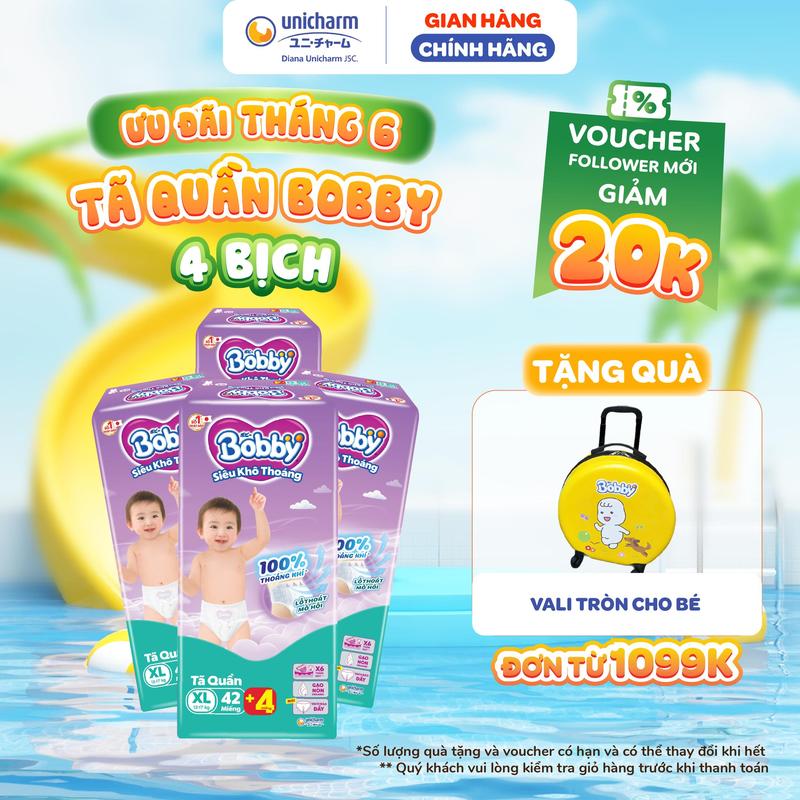 [TẶNG KÈM 16 MIẾNG ] Combo 4 Tã quần Bobby Siêu Khô Thoáng -Thoáng Khí size M 56 miếng/ Size L 48 Miếng/ size XL 42 miếng/ XXL 38 miếng/ XXXL 29 miếng