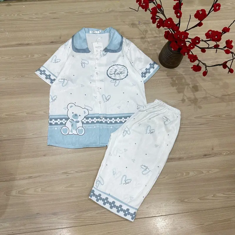 Bộ lụa xước mặc nhà tay cộc quần ngố  vải mềm mát, dễ thương có size 40-65kg
